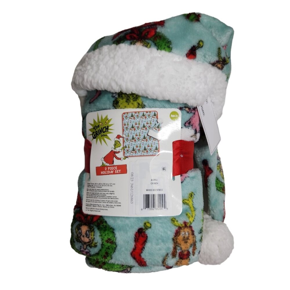 The Grinch Dr Seuss 2 Piece Holiday Fleece Blanket and Santa Hat set Age 3+